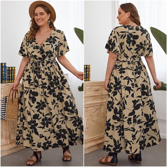 PLUS SIZE Floral print v neck belted maxi dress - Picture 2 of 3